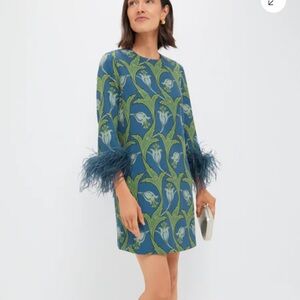 Tuckernuck Blue and Green Patterned Mini Dress with Feather Cuffs